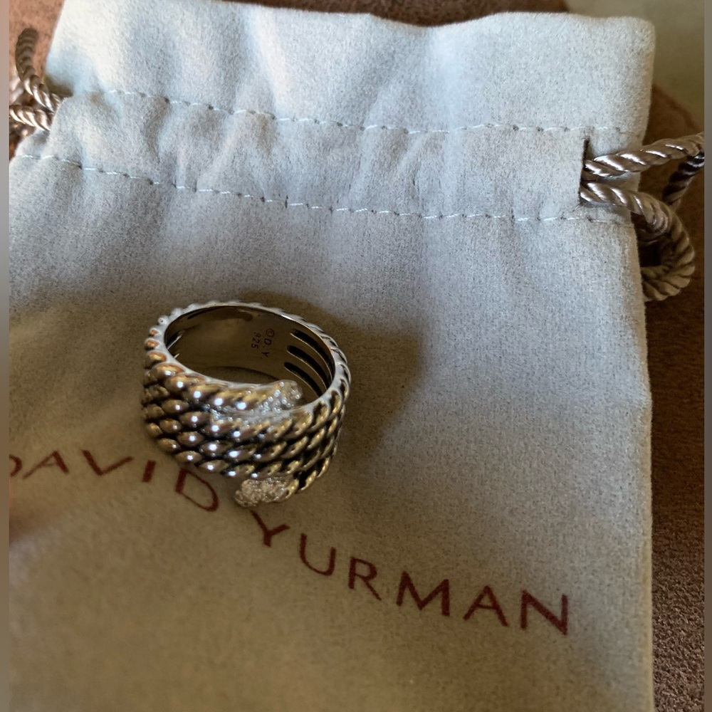David Yurman Sterling Silver Diamonds Willow Serpentine Cable Ring 8 Authentic